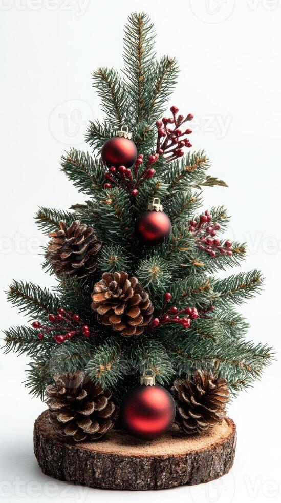 Christmas ornament and pine cone resting near spruce sprig on teal background with copy space photo