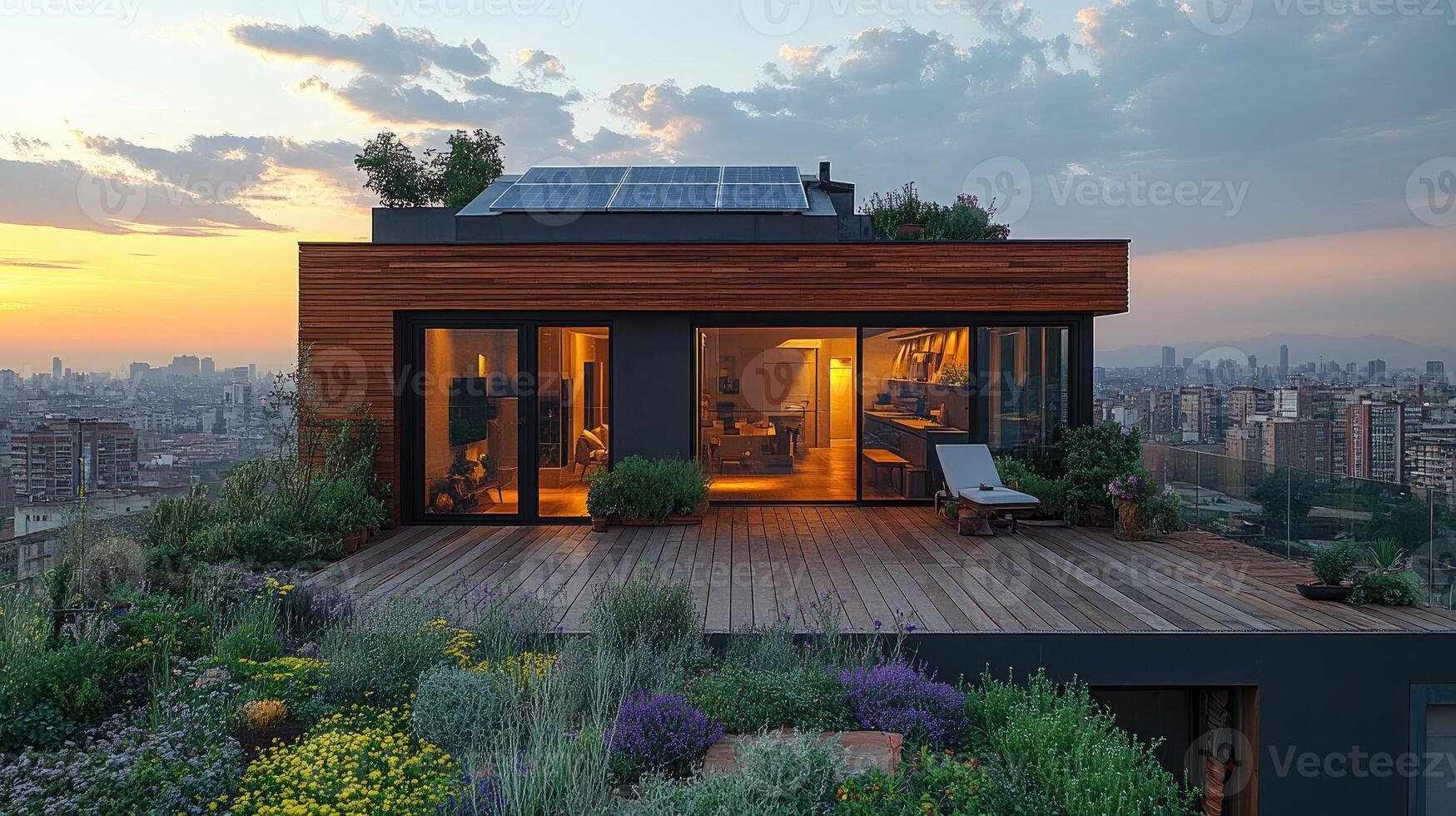 Modern rooftop apartment featuring solar panels and green roof garden overlooking city skyline photo