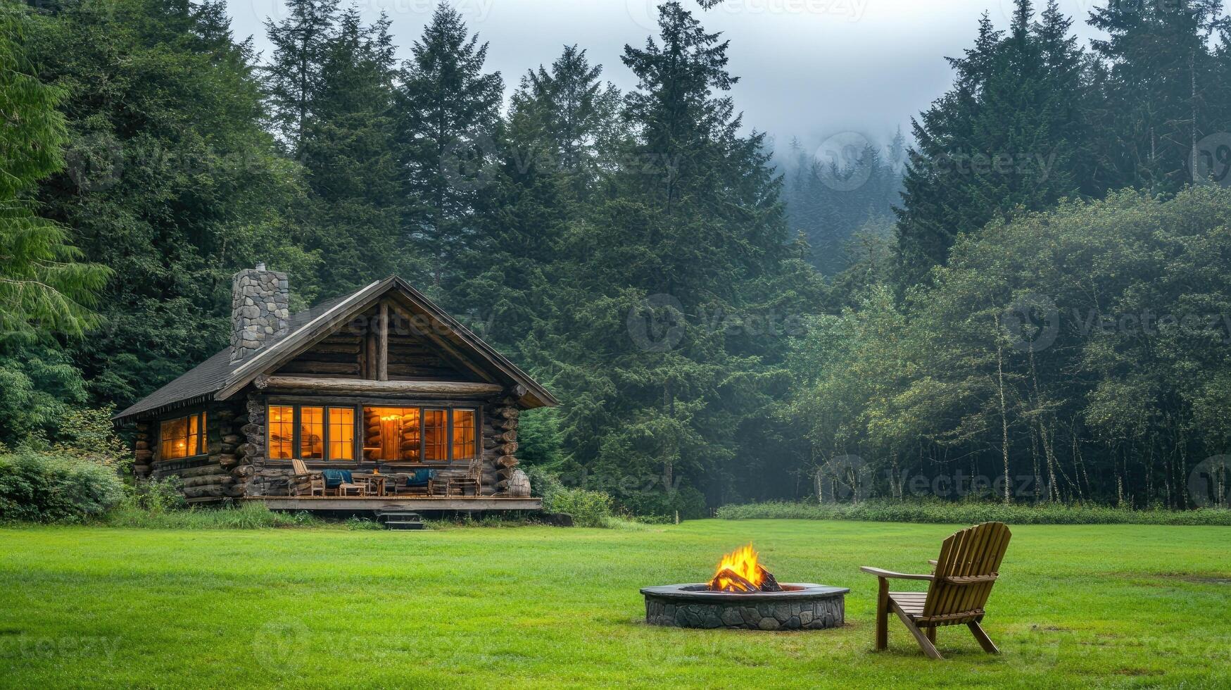 Fire pit burning in front of log cabin with adirondack chairs on grass lawn at dusk photo