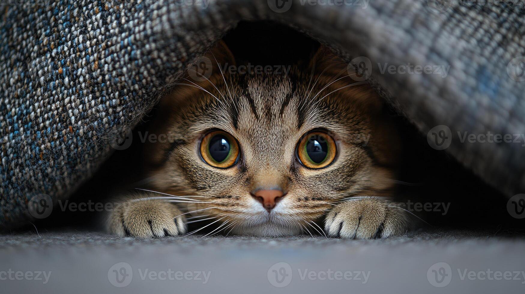 Curious cat hiding underneath furniture looking up with big eyes photo