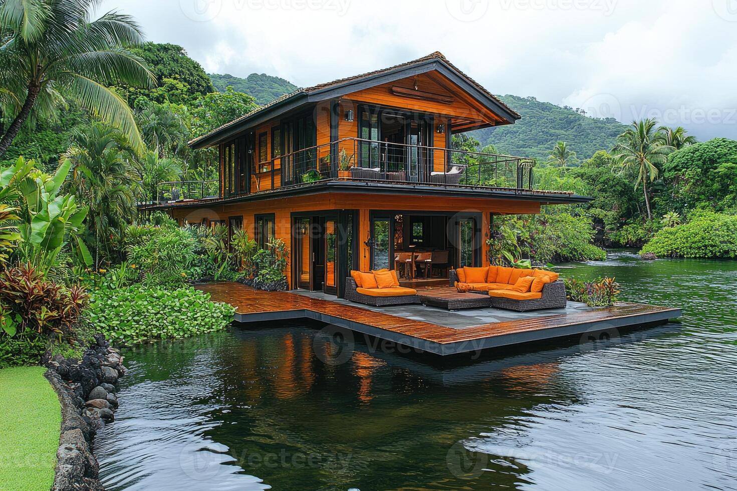 Luxurious overwater bungalow offering a serene escape in a picturesque natural setting photo