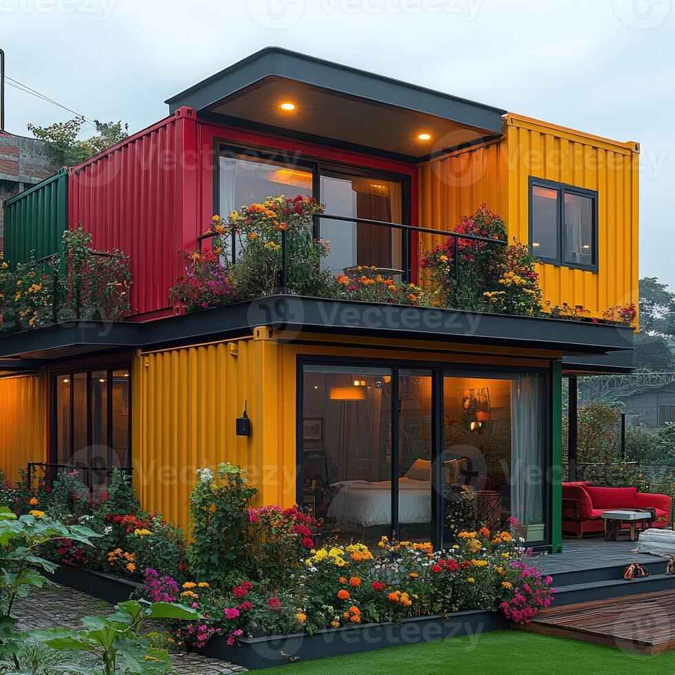 Modern container house with large windows overlooking tropical garden photo