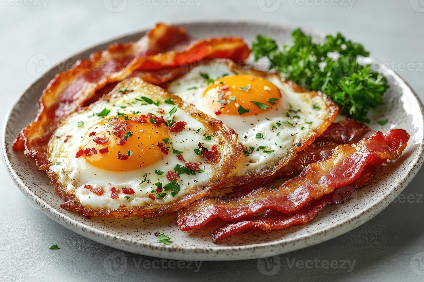 Delicious crispy bacon and fried eggs breakfast with thyme for seasoning photo