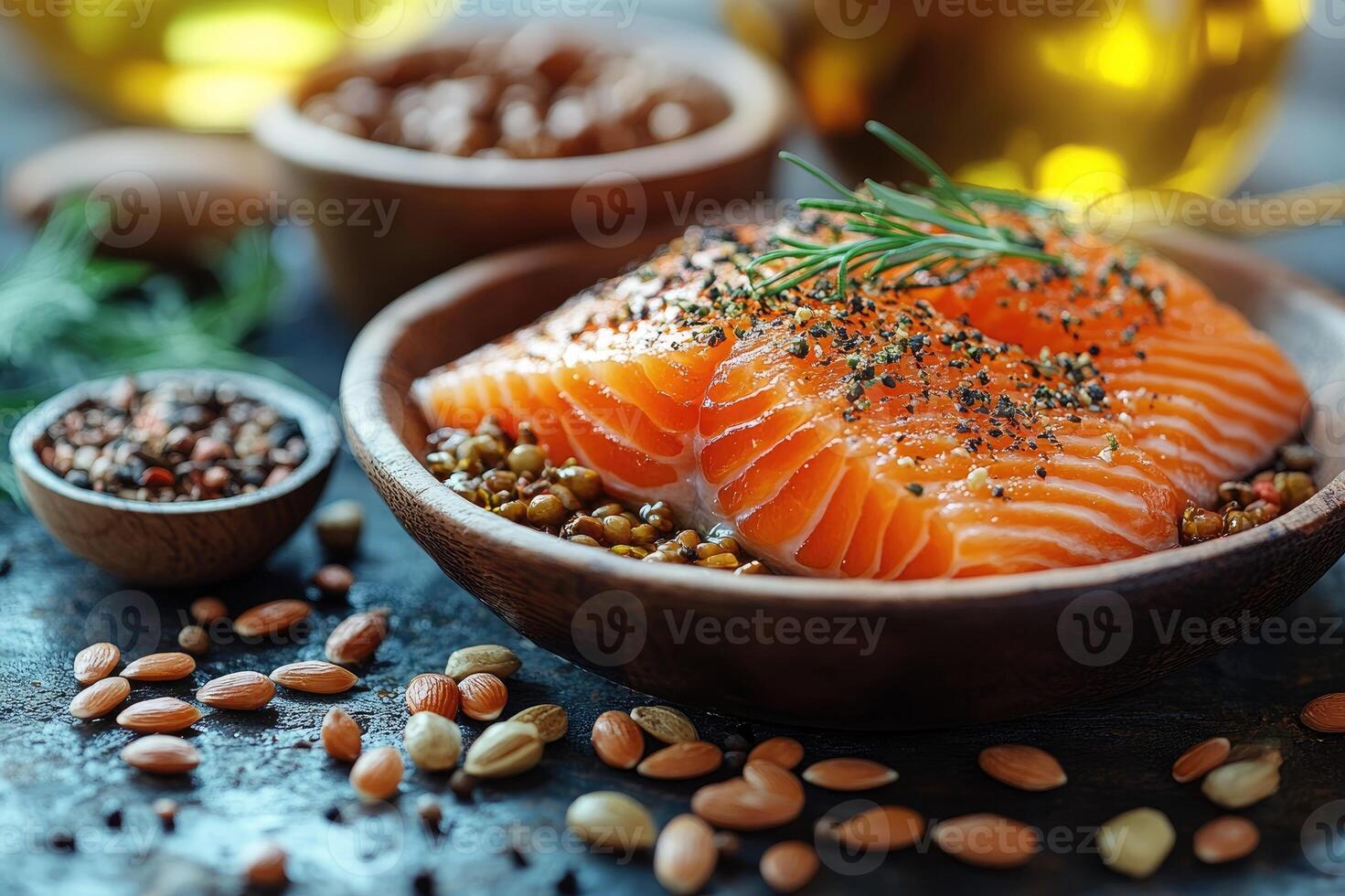 Fresh salmon fillet seasoned with salt and peppercorns on a cutting board photo