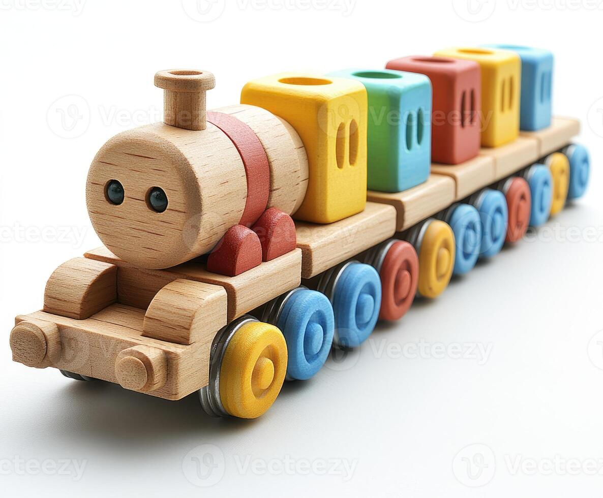 Colorful wooden toy train standing on white background photo