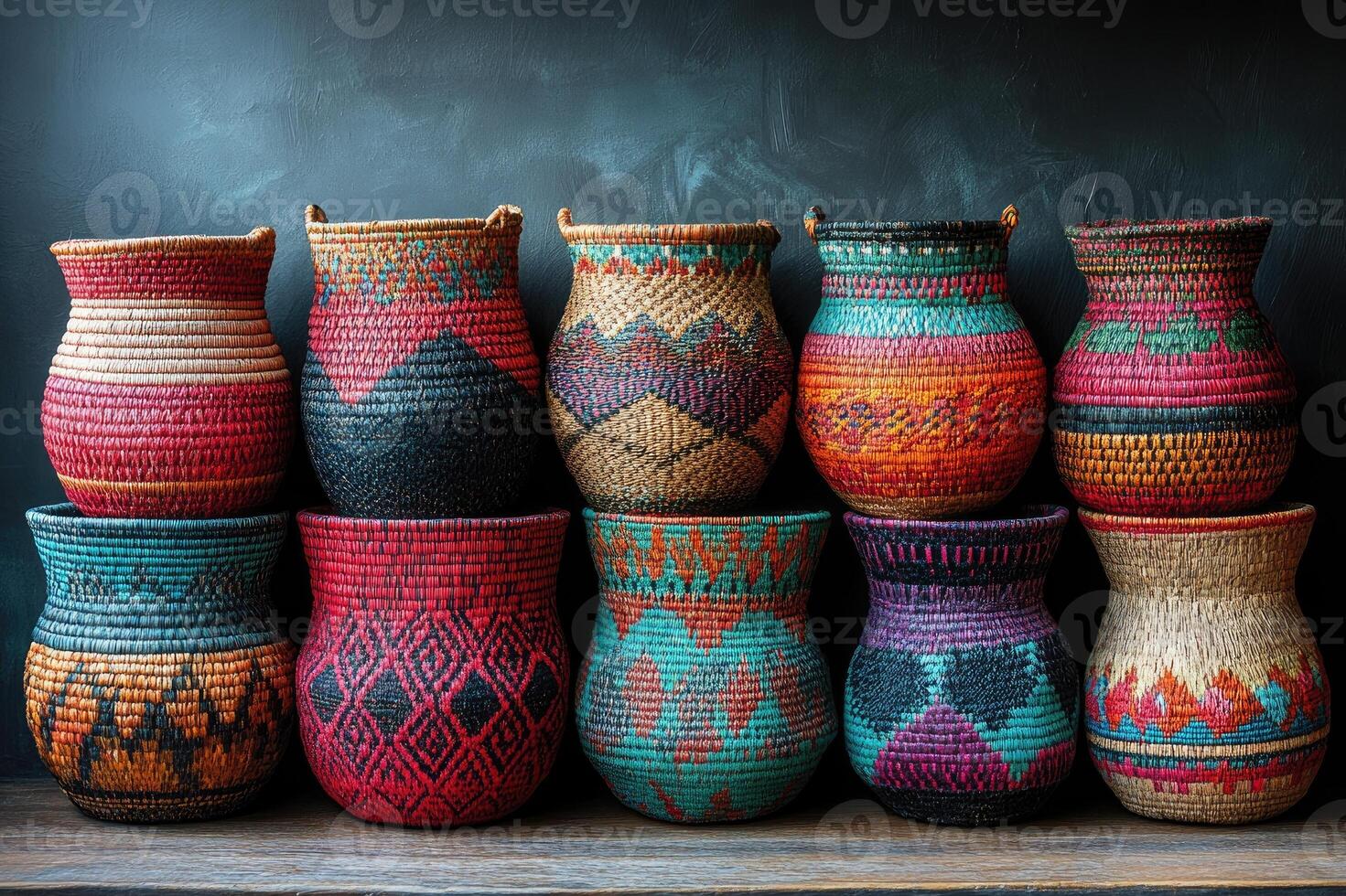 Colorful decorated pottery standing in a row on a shelf in a pottery workshop photo