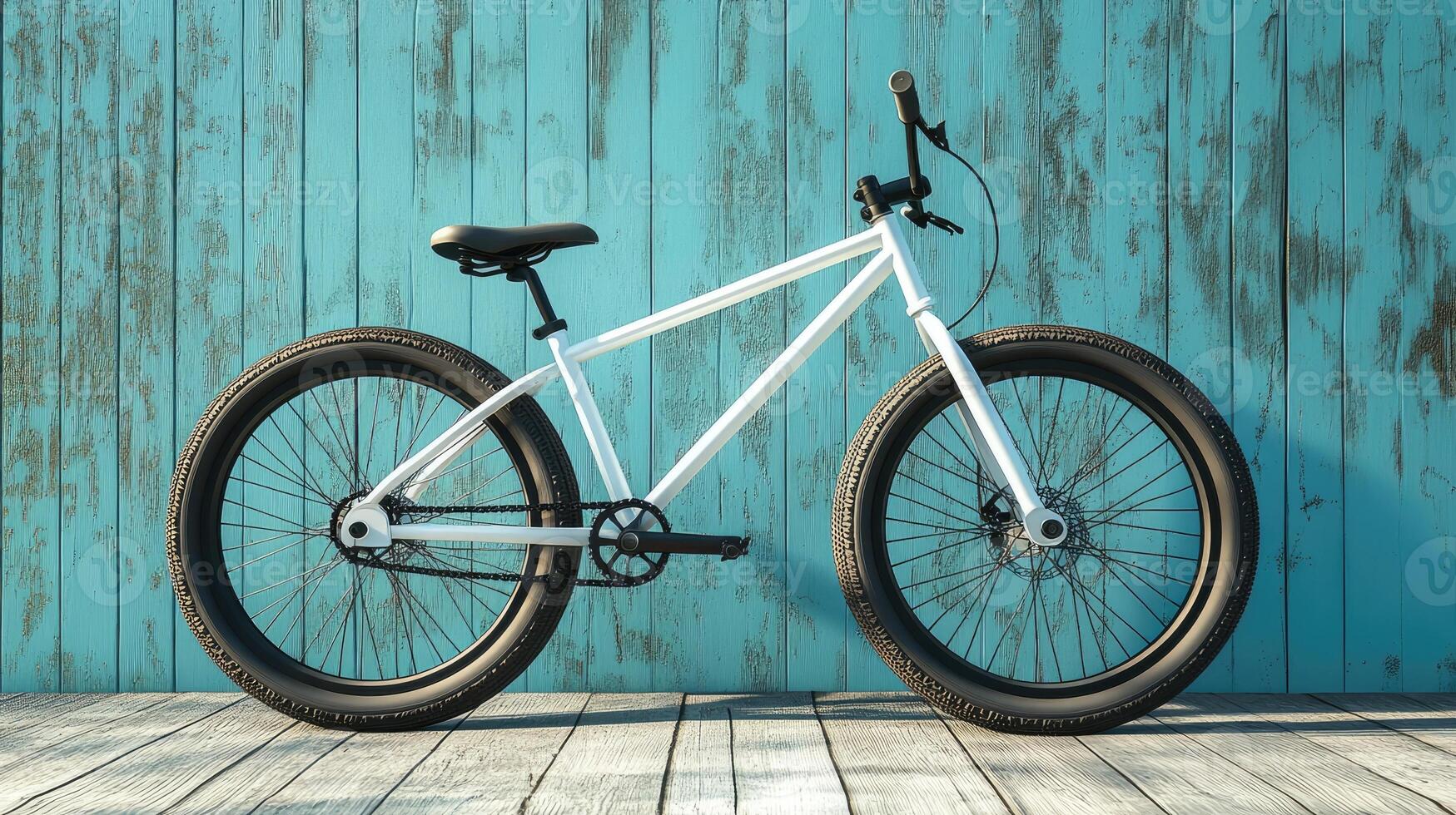 White bicycle standing on blue background minimal transportation concept photo