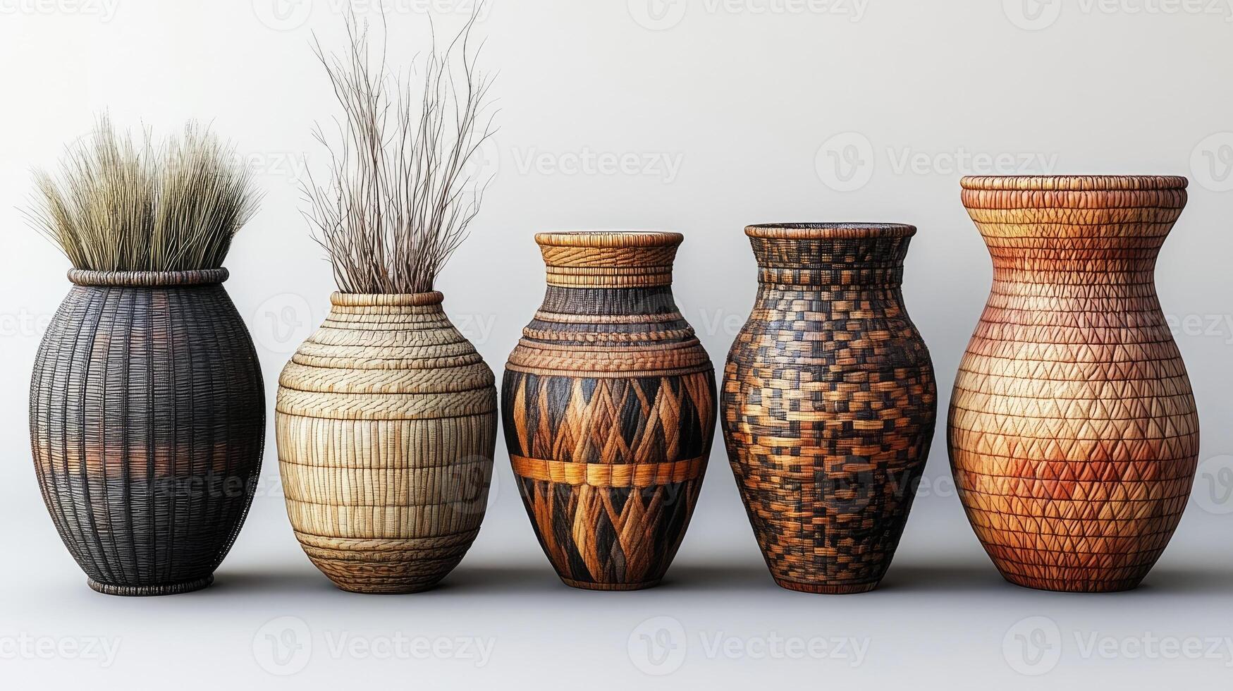 Colorful decorated pottery standing in a row on a shelf in a pottery workshop photo