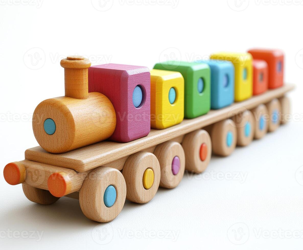 Colorful wooden toy train standing on white background photo