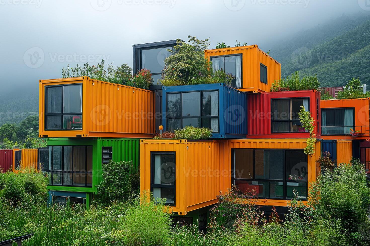 Modern container house with large windows overlooking tropical garden photo