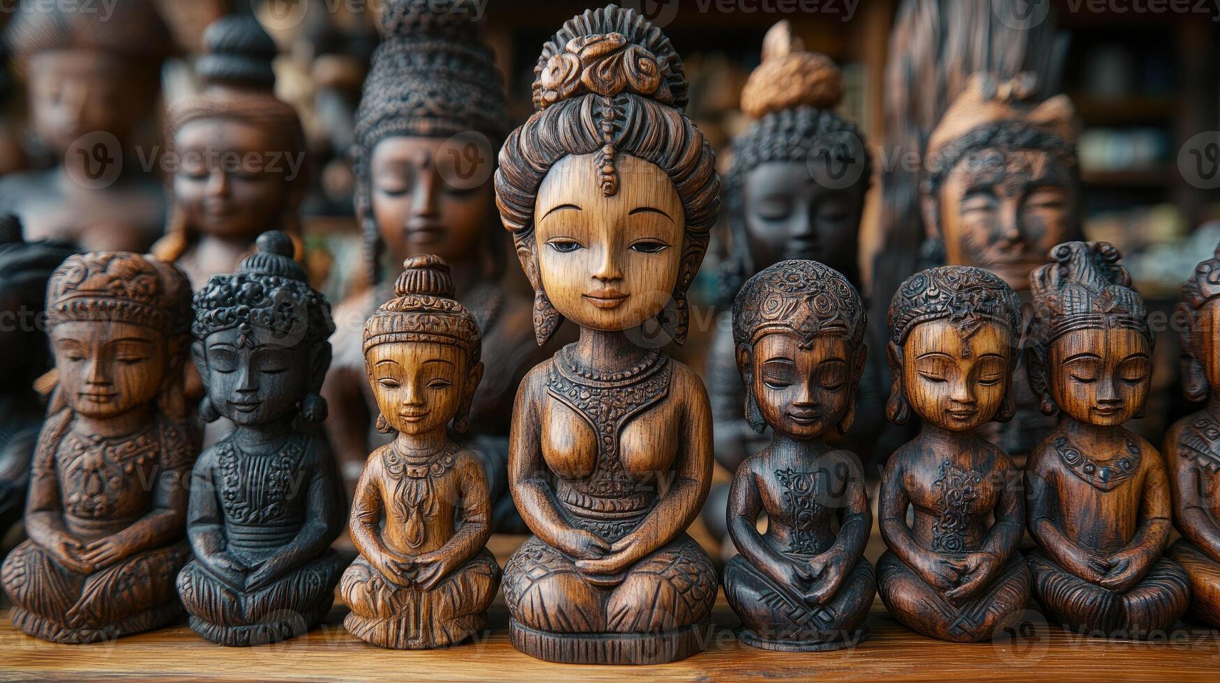 Row of traditional balinese wooden statues carved for selling to tourists photo