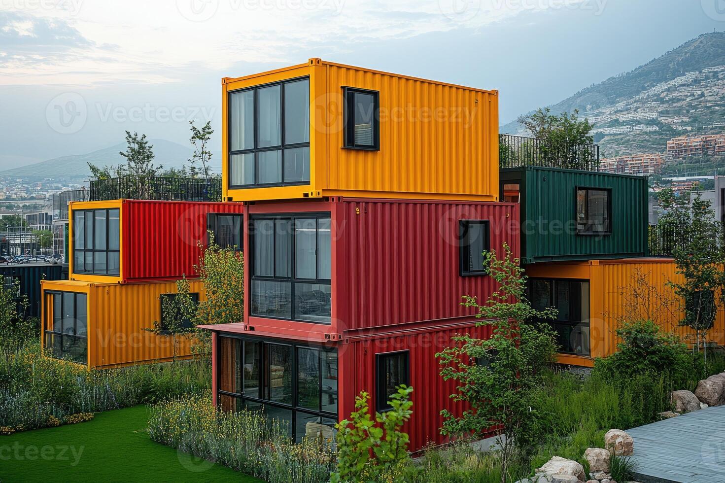 Modern container house with large windows overlooking tropical garden photo