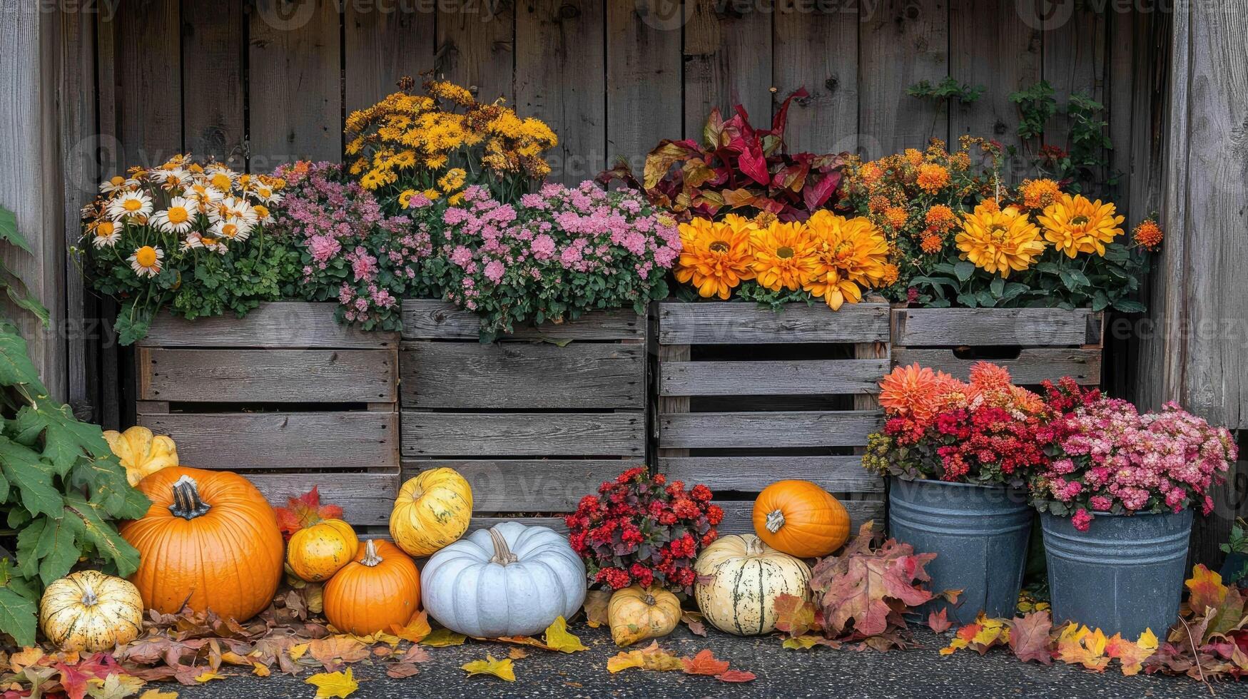 Pumpkins and colorful chrysanthemums celebrating autumn in wooden crates photo