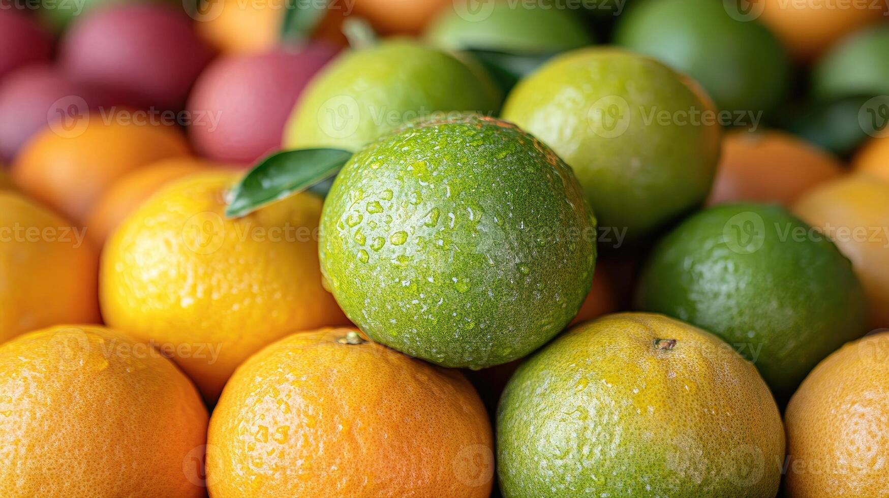 Fresh green tangerines covered with water drops are piled on top of each other photo