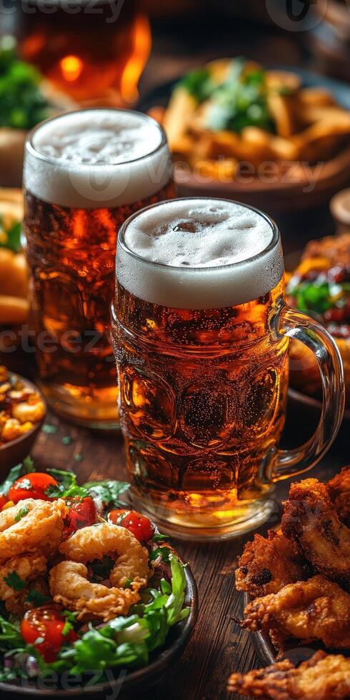 Two mugs of beer surrounded by mexican food and appetizers on wooden table photo