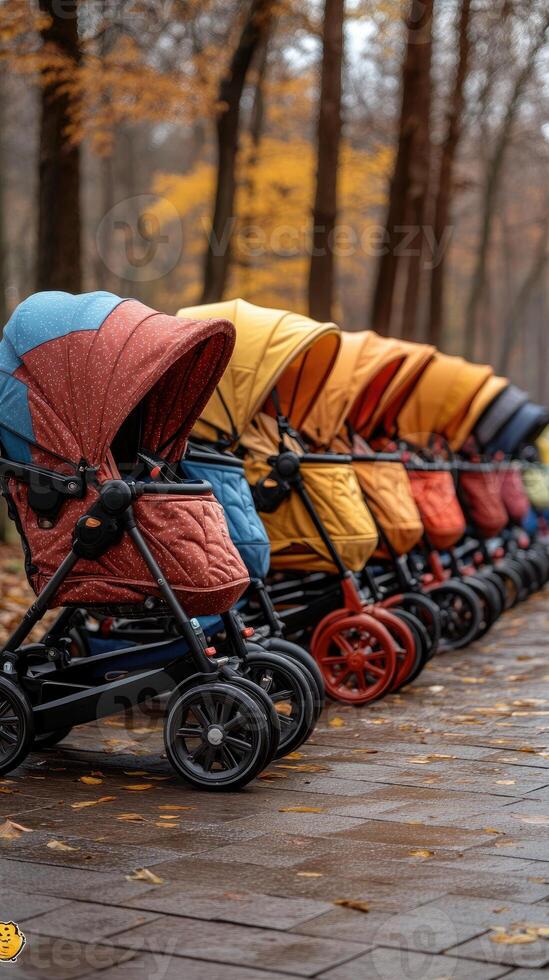 Many empty colorful baby strollers standing in line in autumn park photo