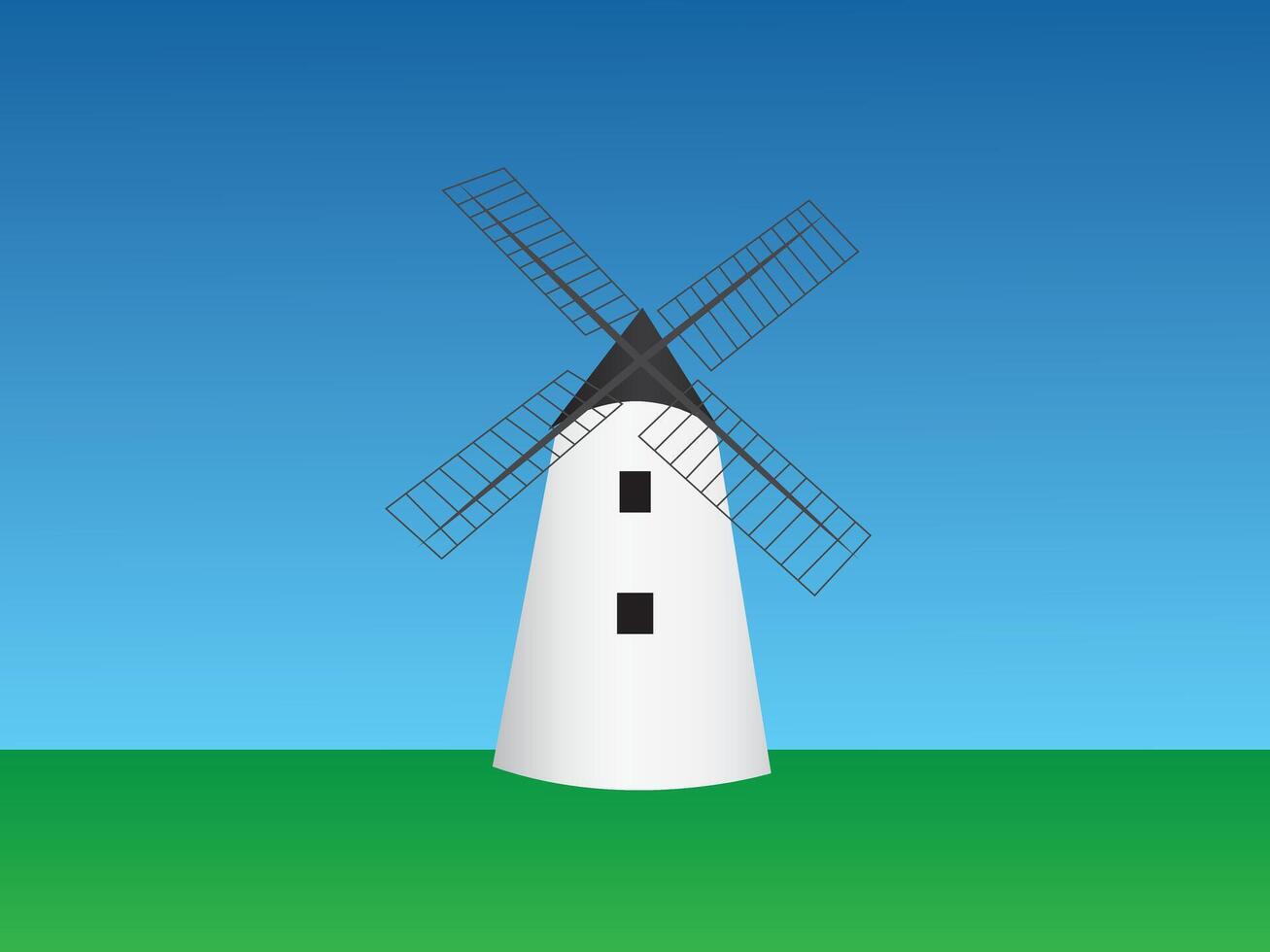 A cool traditional windmill house in open green field and blue sky vector