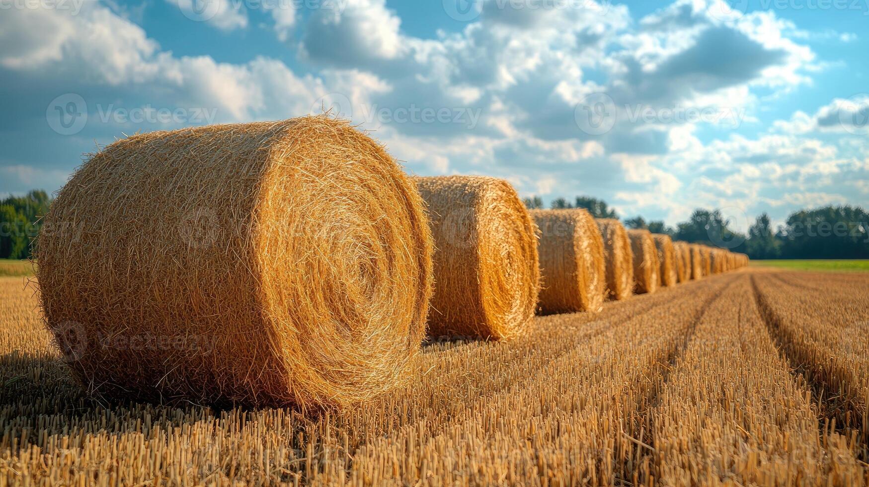 Golden hay bales covered in frost resting on a snowy field at sunset photo