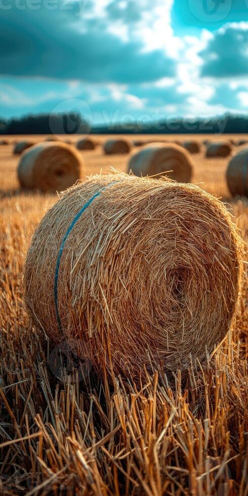 Golden hay bales covered in frost resting on a snowy field at sunset photo