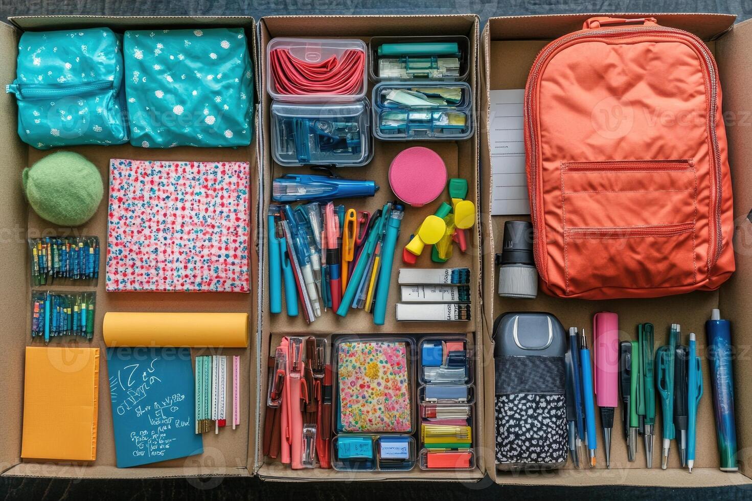 Teacher preparing colorful school supplies and stationery inside cardboard boxes photo