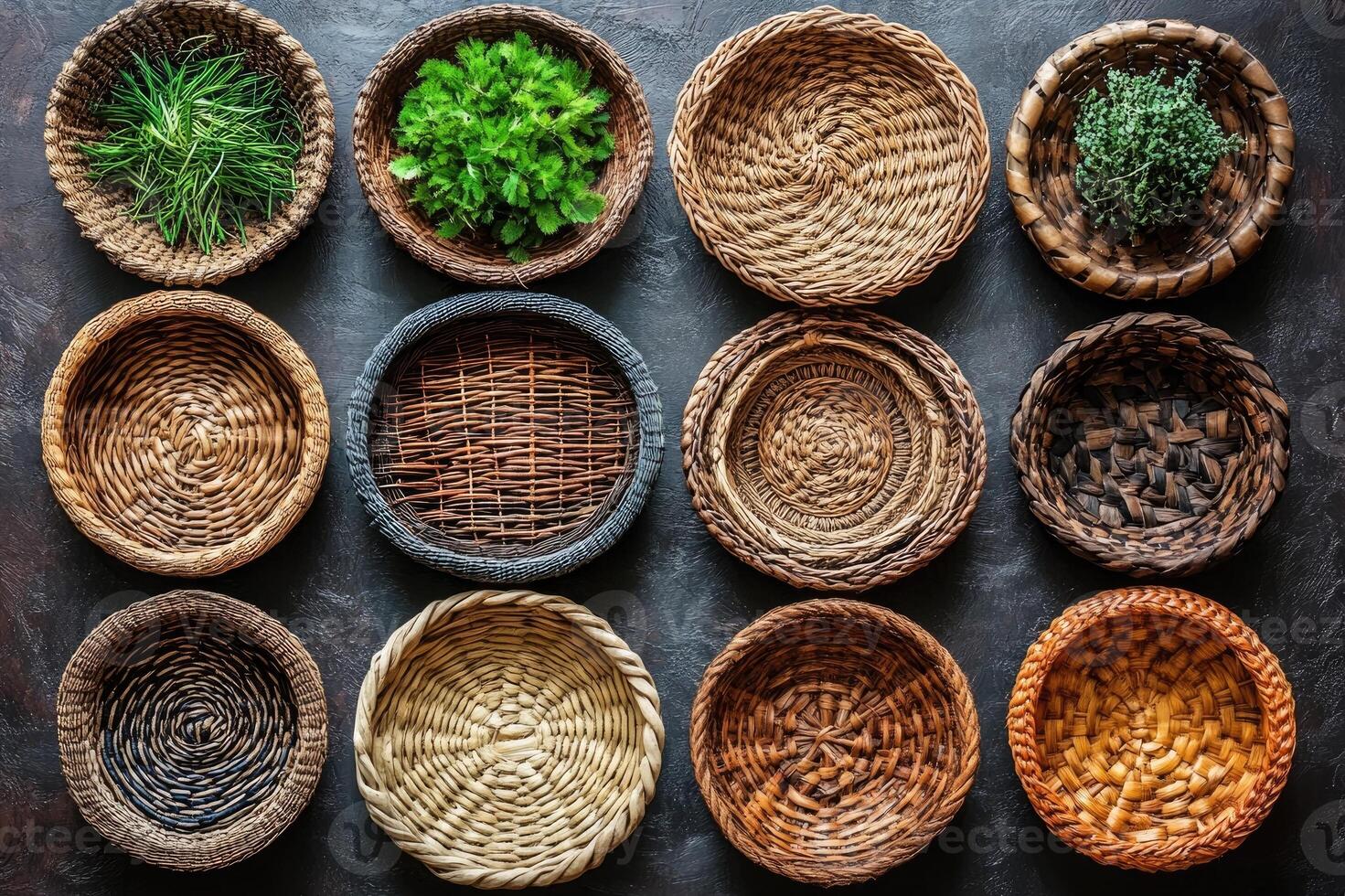 Colorful decorated pottery standing in a row on a shelf in a pottery workshop photo