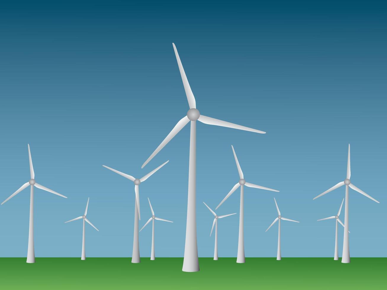 Many cool modern windmills to generate electricity from wind in open field and sky vector