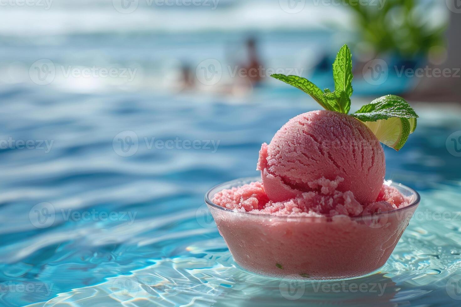 Refreshing frozen drink garnished with lime and mint in a glass, positioned by a luxurious swimming pool with clear blue water and tropical scenery in the background. photo
