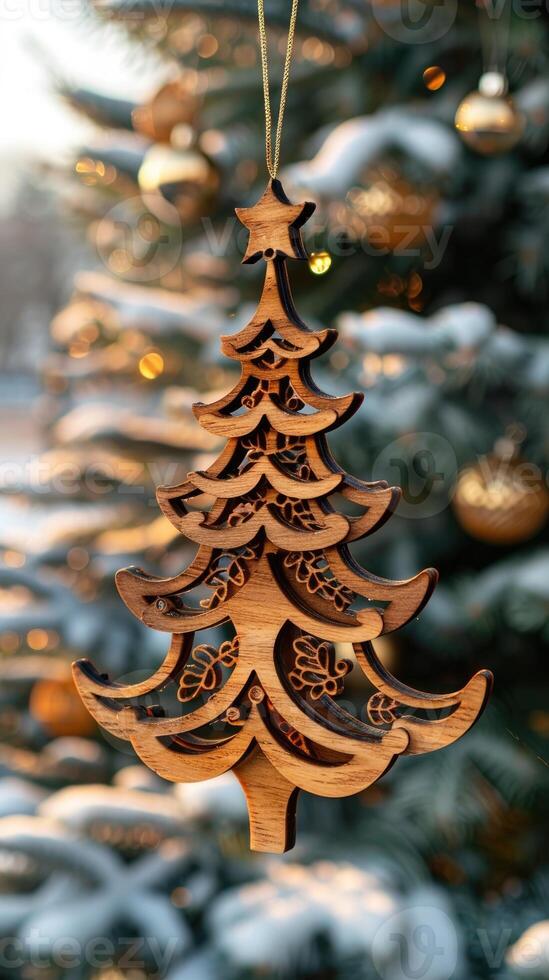 Beautiful Christmas ornaments made of wood. Perfect for holiday decoration photo