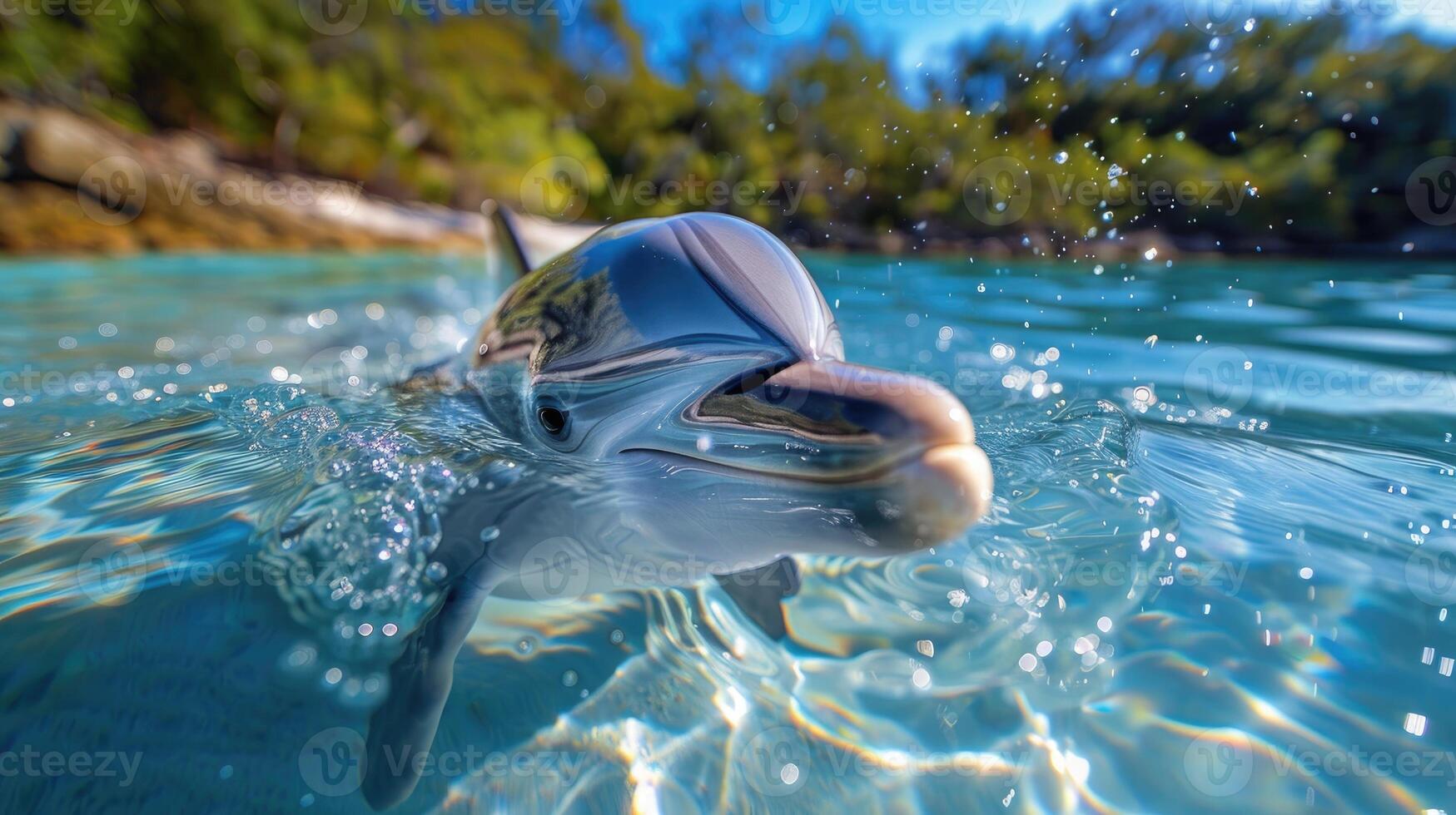 A dolphin's head pops out of the clear, blue water, creating a playful and friendly scene under the bright sunlight. photo