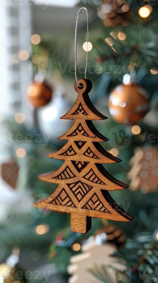 Beautiful Christmas ornaments made of wood. Perfect for holiday decoration photo