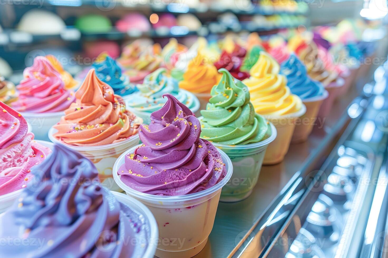 Selection of various flavored ice creams in a display case at a shop photo