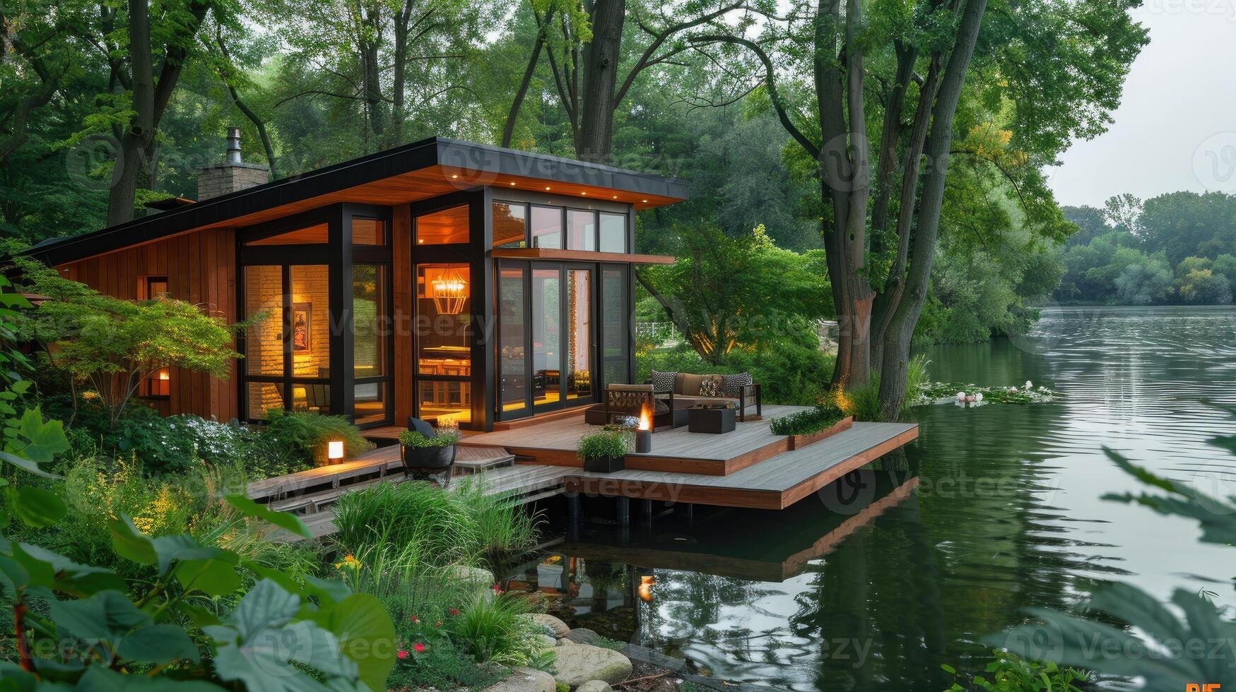 Modern glass house by lake with lush green surroundings. photo