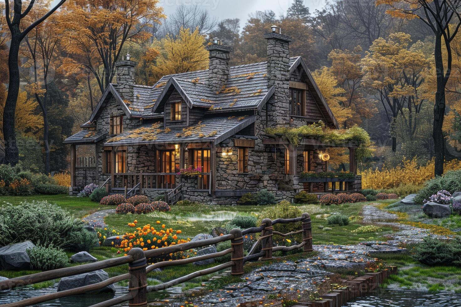 Charming wooden cabin in autumnal landscape. photo