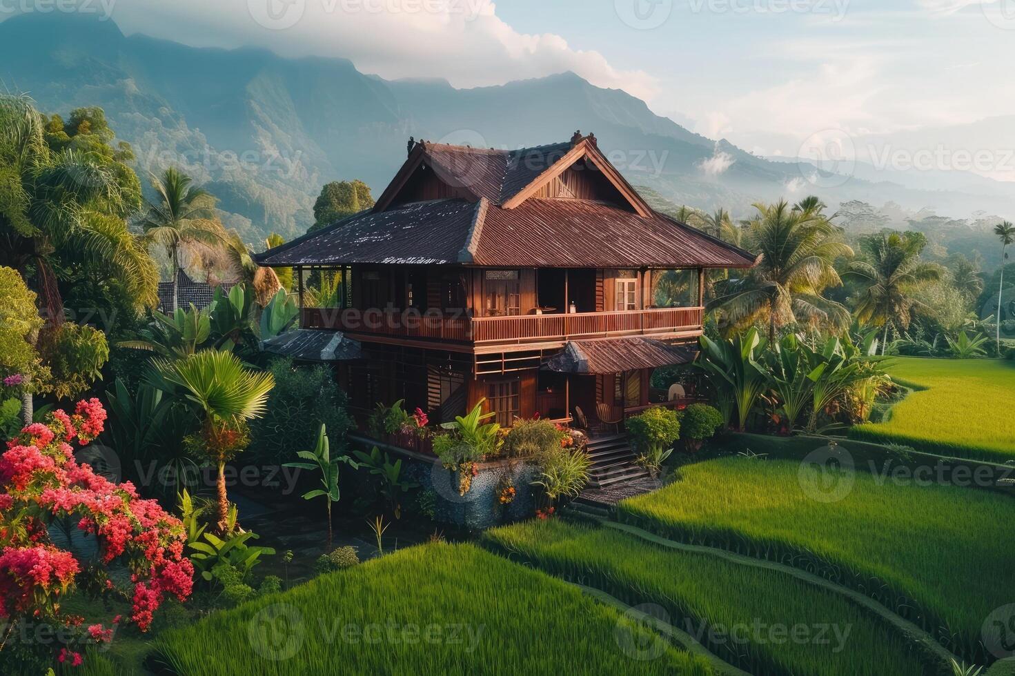 A beautiful wooden house surrounded by lush green rice fields, photo