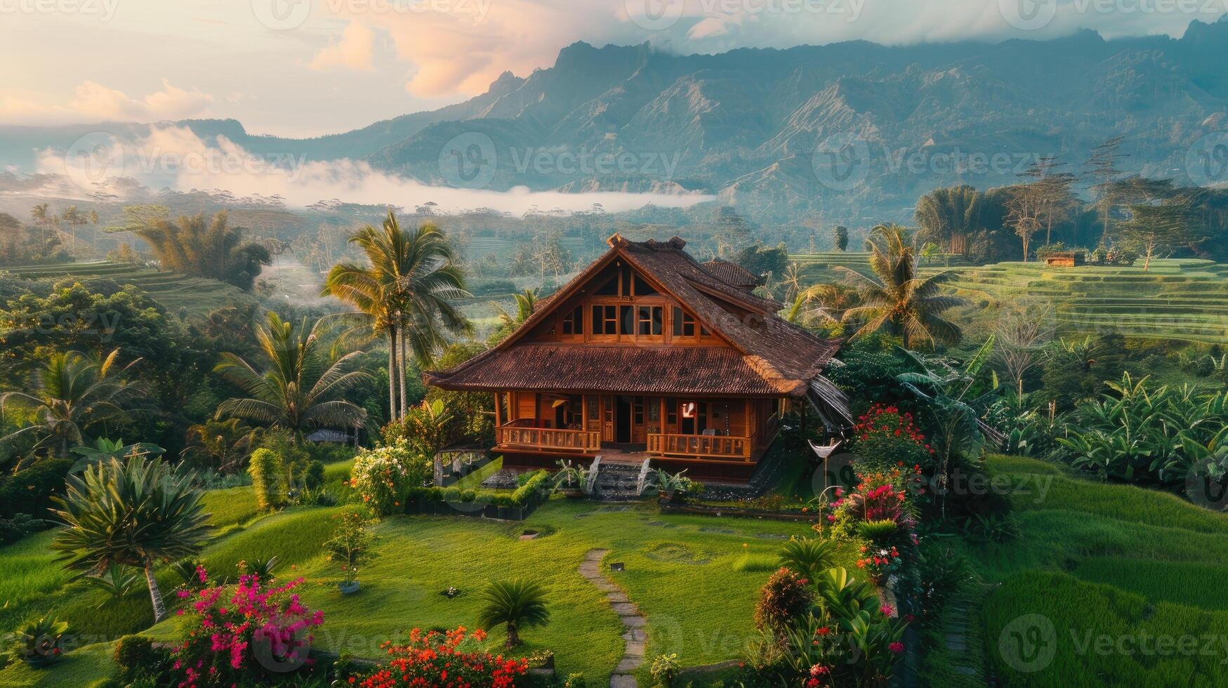 A beautiful wooden house surrounded by lush green rice fields, photo