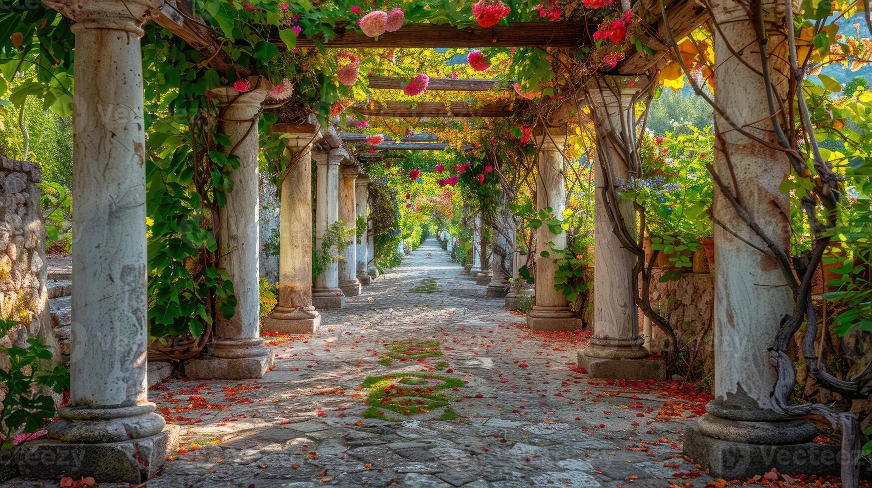 Beautiful garden with stone path and floral pergola photo