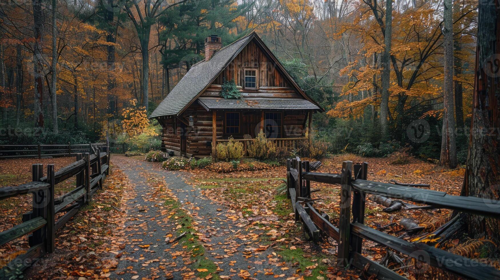 A picturesque rustic cabin surrounded by autumn foliage, with a wooden fence in the foreground and a peaceful pathway leading to the cabin, evoking a sense of tranquility. photo