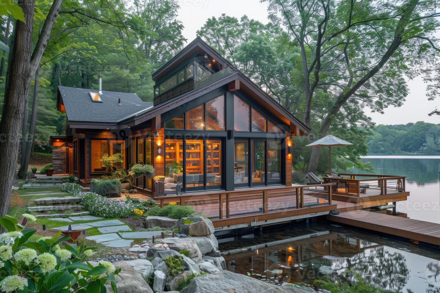 Modern glass house by lake with lush green surroundings. photo