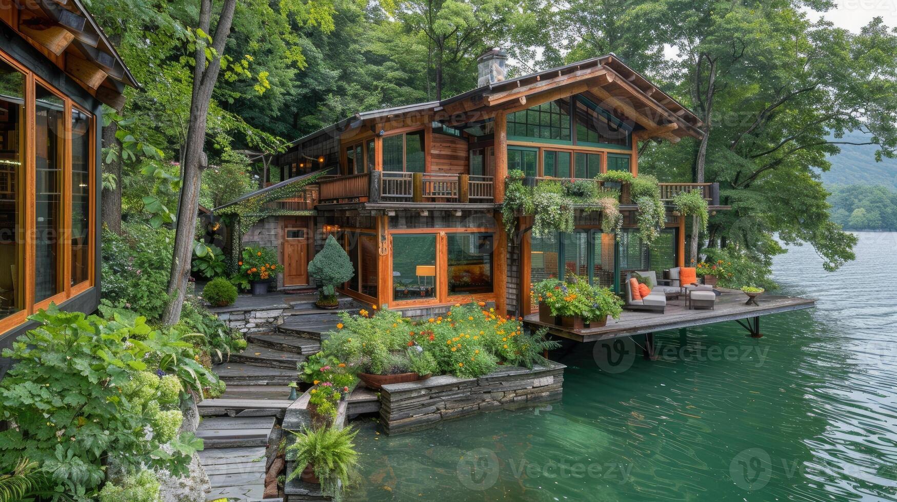 Modern glass house by lake with lush green surroundings. photo