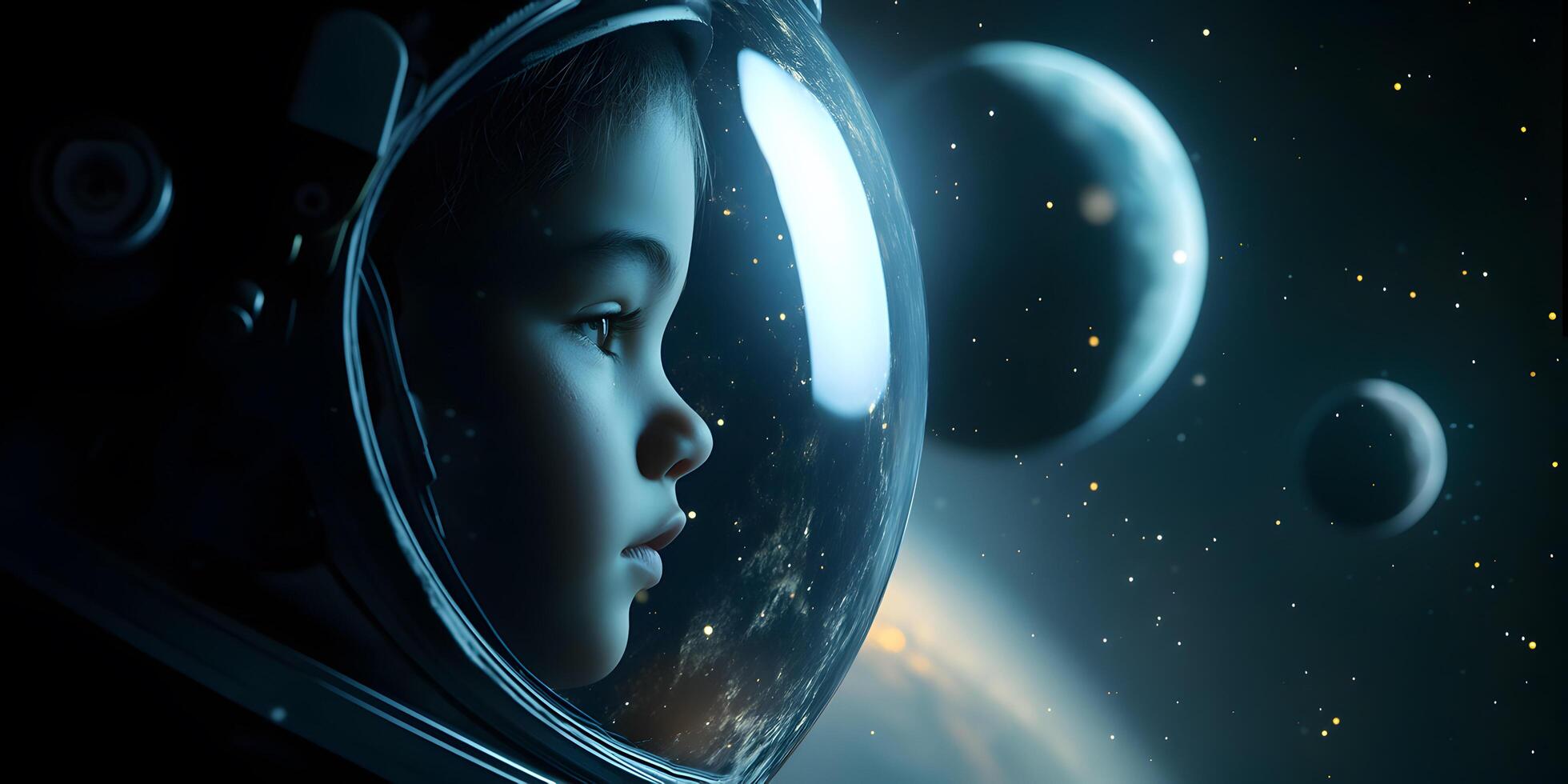 A kid astronaut with space background as a concept of a child dream to become an astronaut photo
