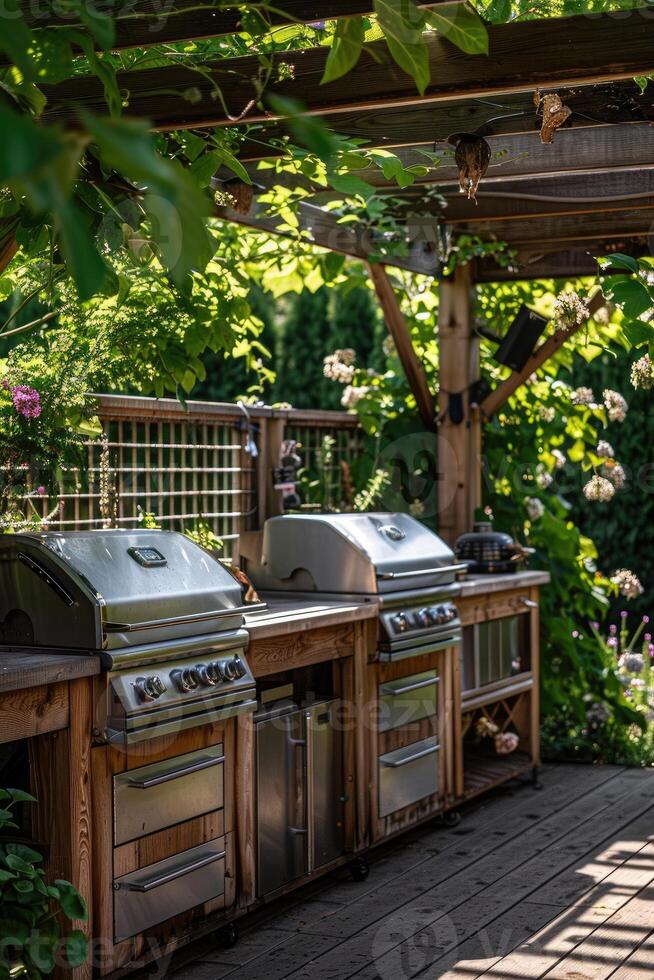 An inviting outdoor barbecue area featuring stainless steel grills, ample counter space, and lush greenery, perfect for outdoor cooking and dining experiences. photo