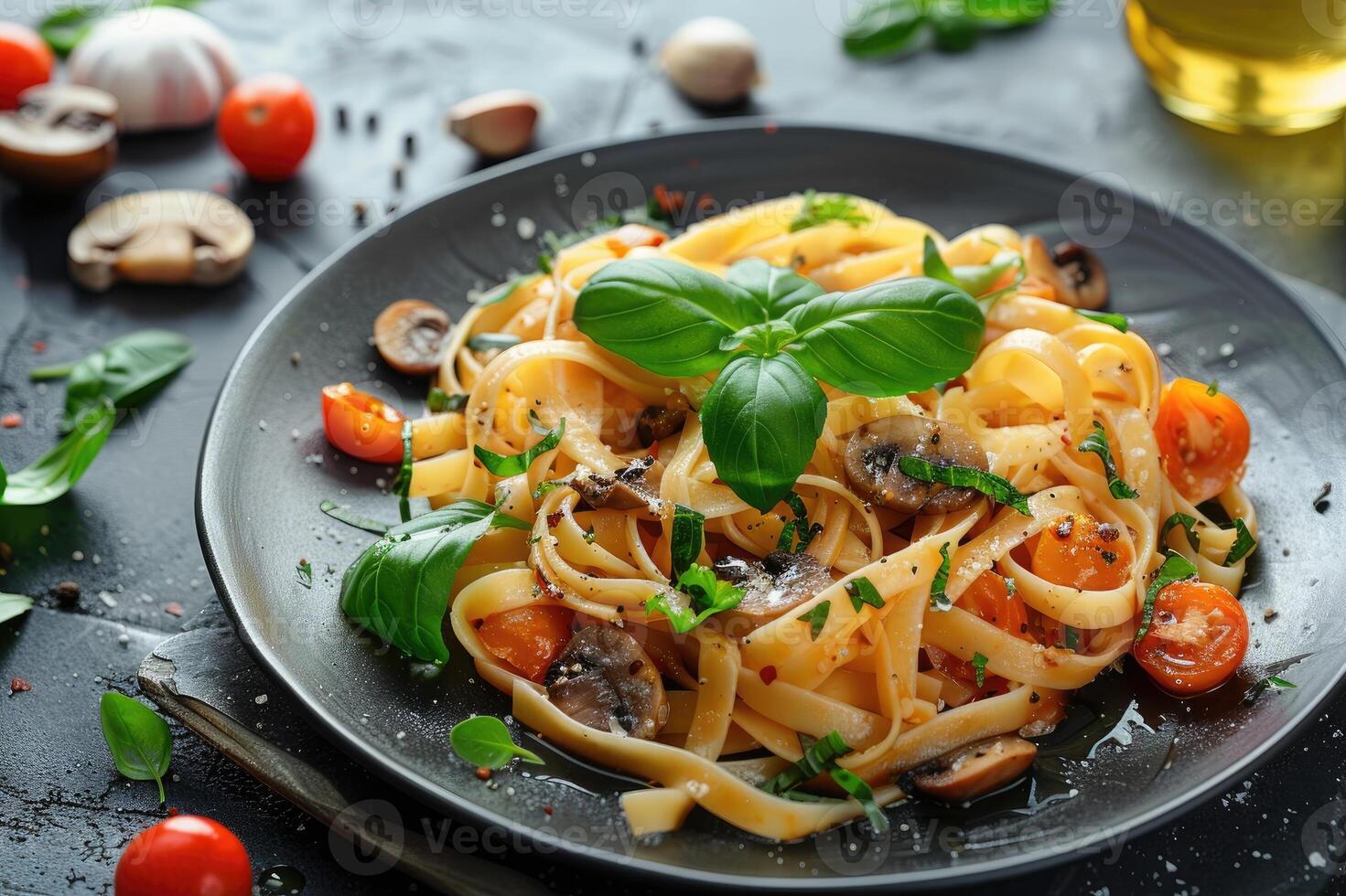 Delicious creamy mushroom pasta garnished with herbs, garlic photo