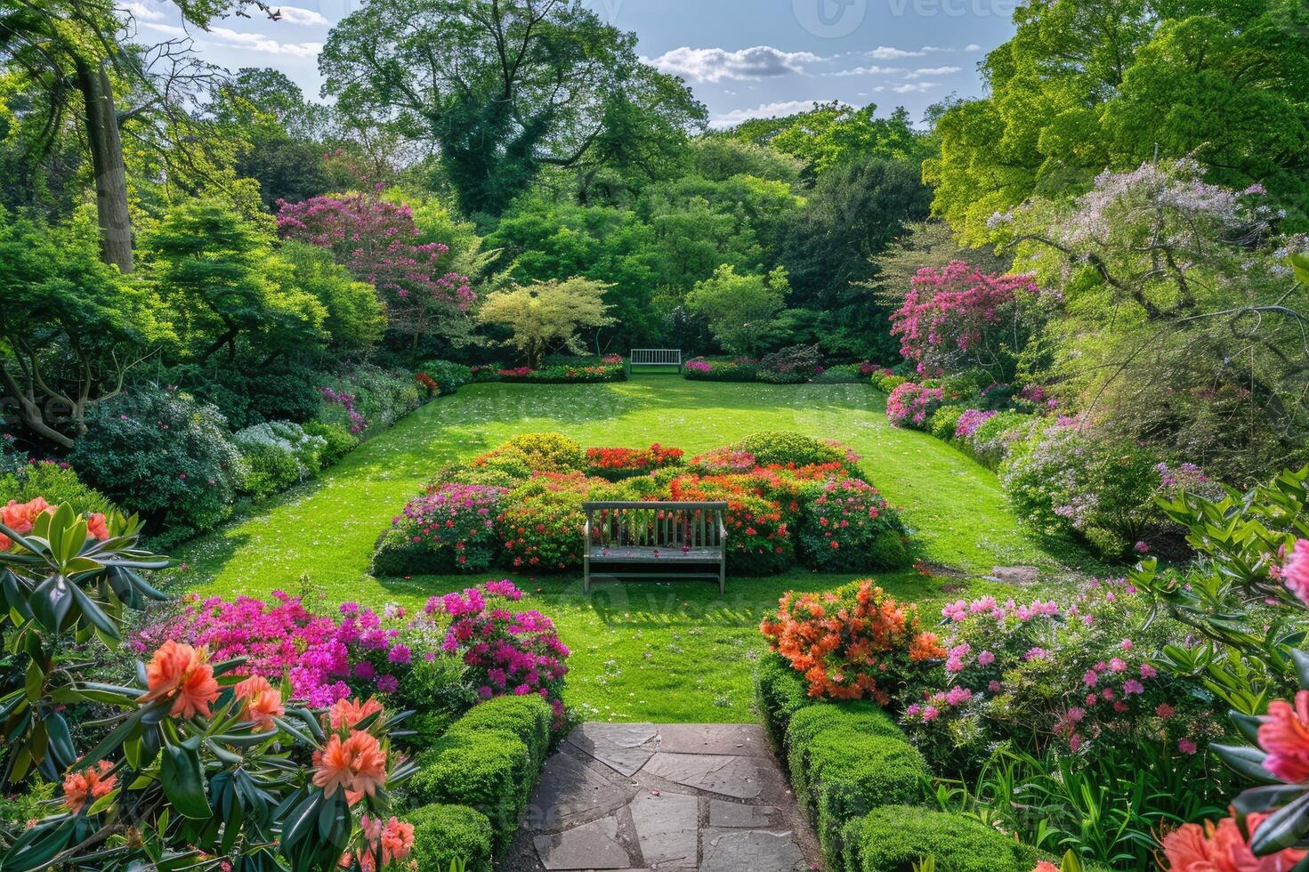 Beautiful garden with vibrant flowers and a bench. photo
