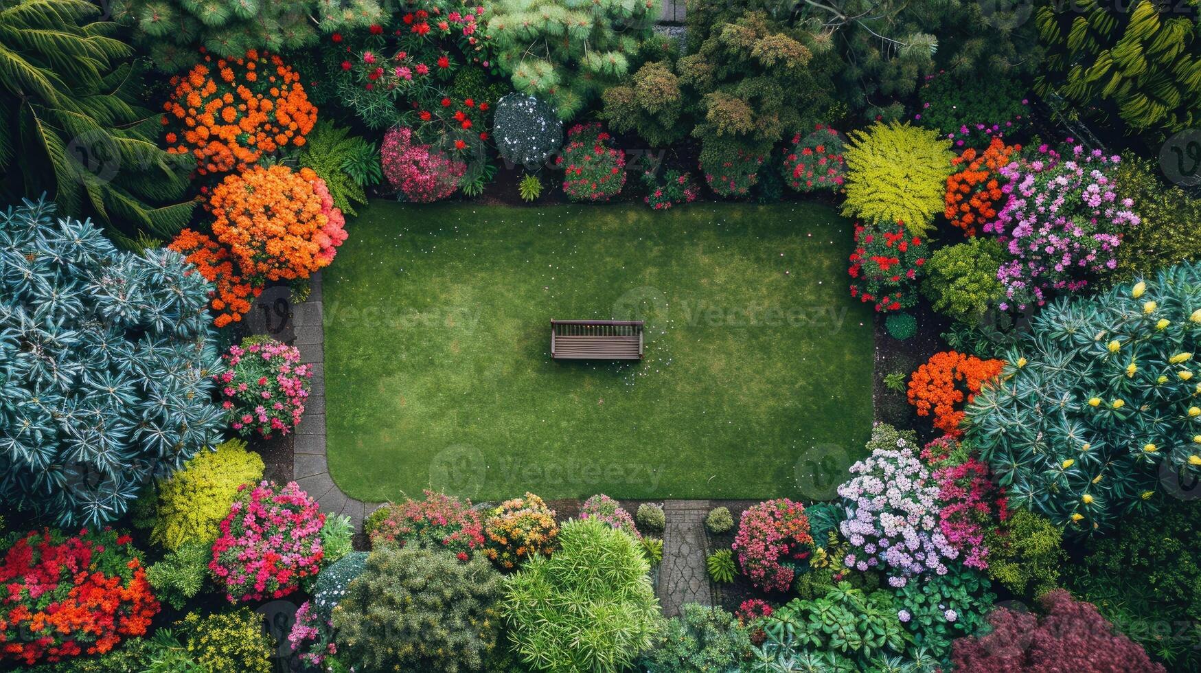 Beautiful garden with vibrant flowers and a bench. photo