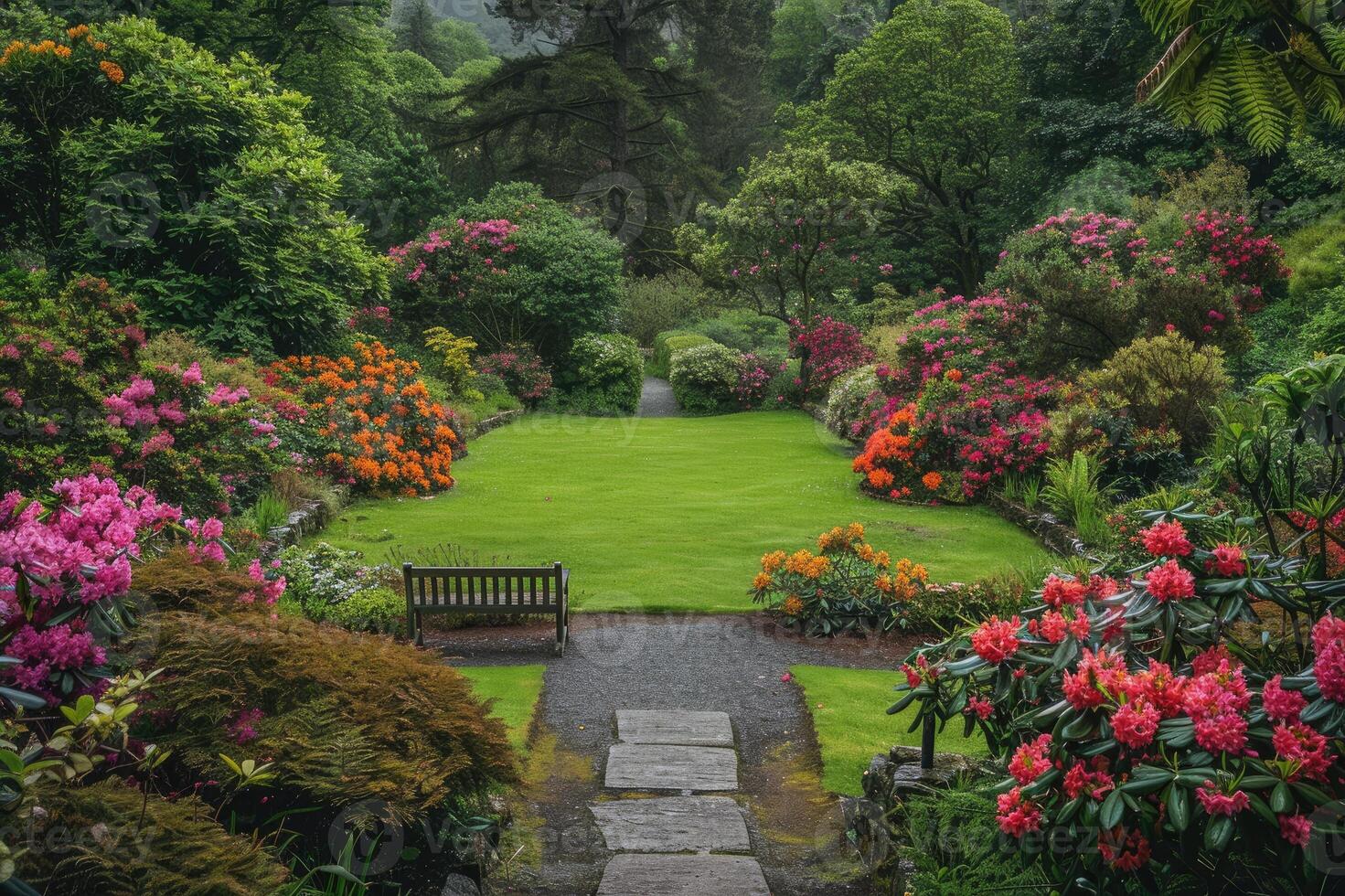 Beautiful garden with vibrant flowers and a bench. photo