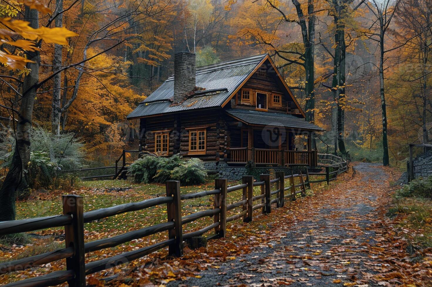 A picturesque rustic cabin surrounded by autumn foliage, with a wooden fence in the foreground and a peaceful pathway leading to the cabin, evoking a sense of tranquility. photo