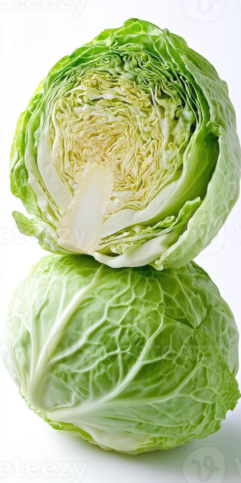 Fresh green cabbages, whole and cut photo