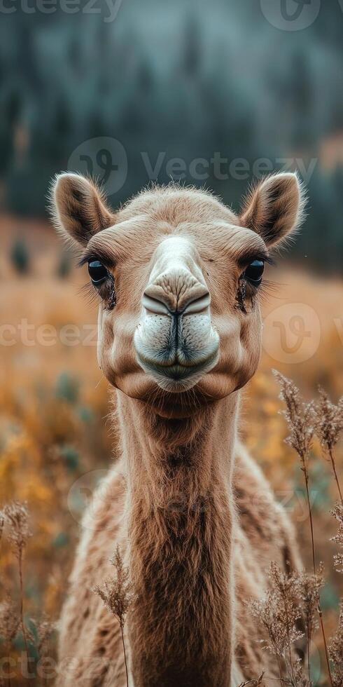 Camel standing in a grass field representing nature and wilderness in daylight. photo