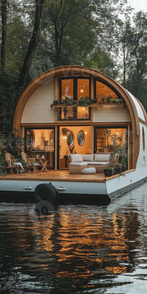 Modern floating house on calm water surrounded by trees. photo