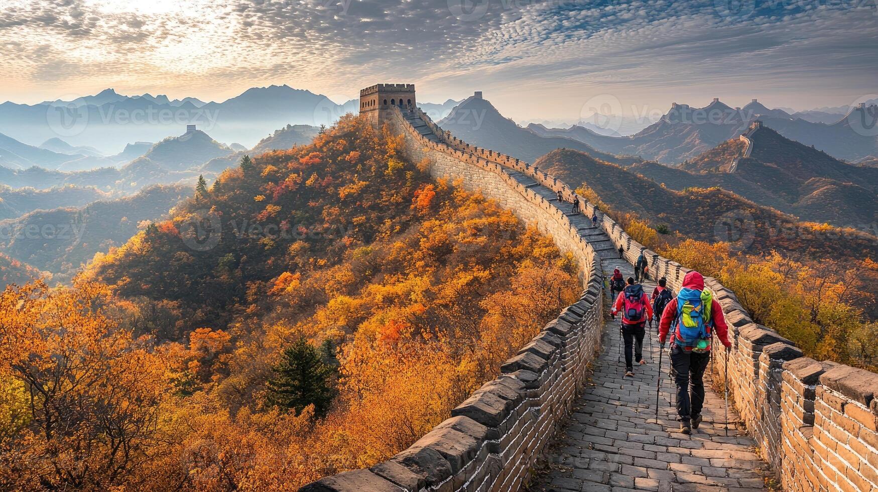 Great Wall of China with autumn foliage and tourists. photo
